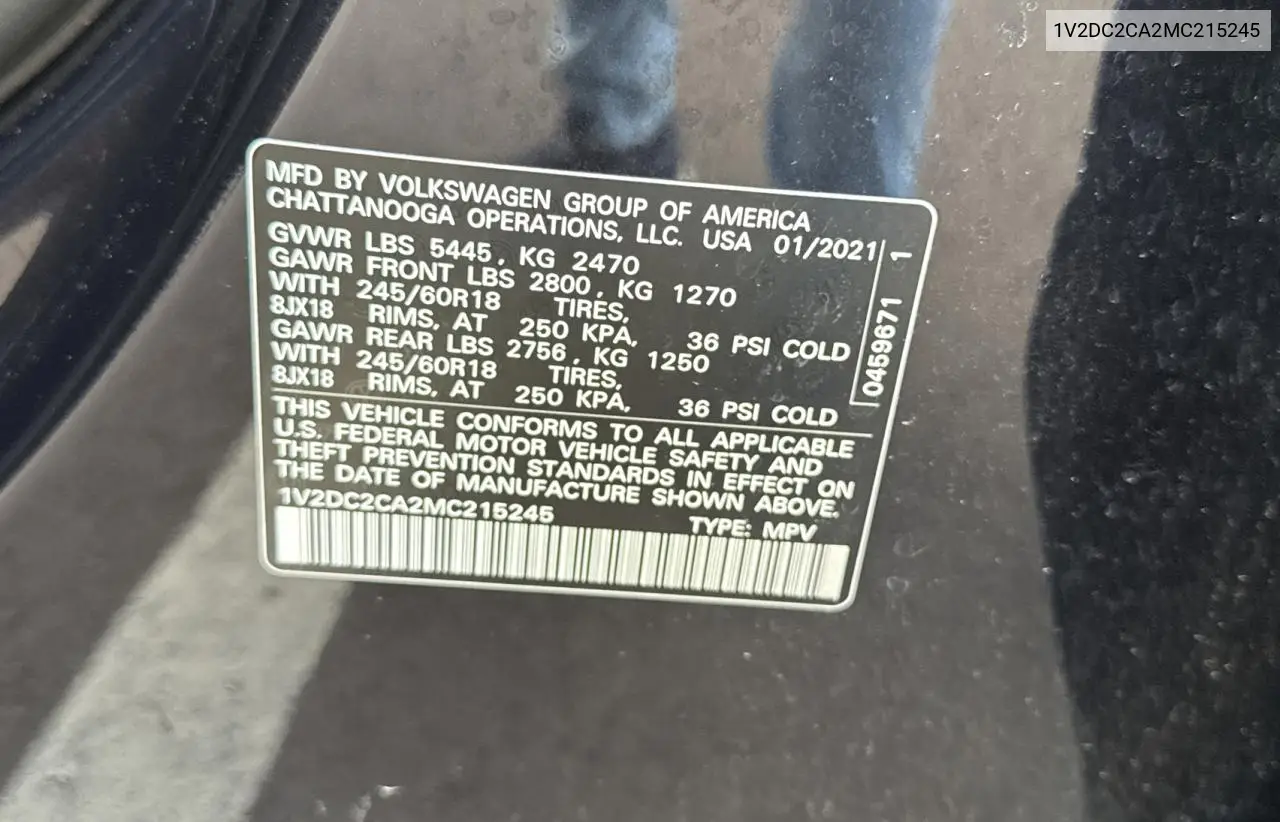 2021 Volkswagen Atlas Cross Sport Se VIN: 1V2DC2CA2MC215245 Lot: 64142275