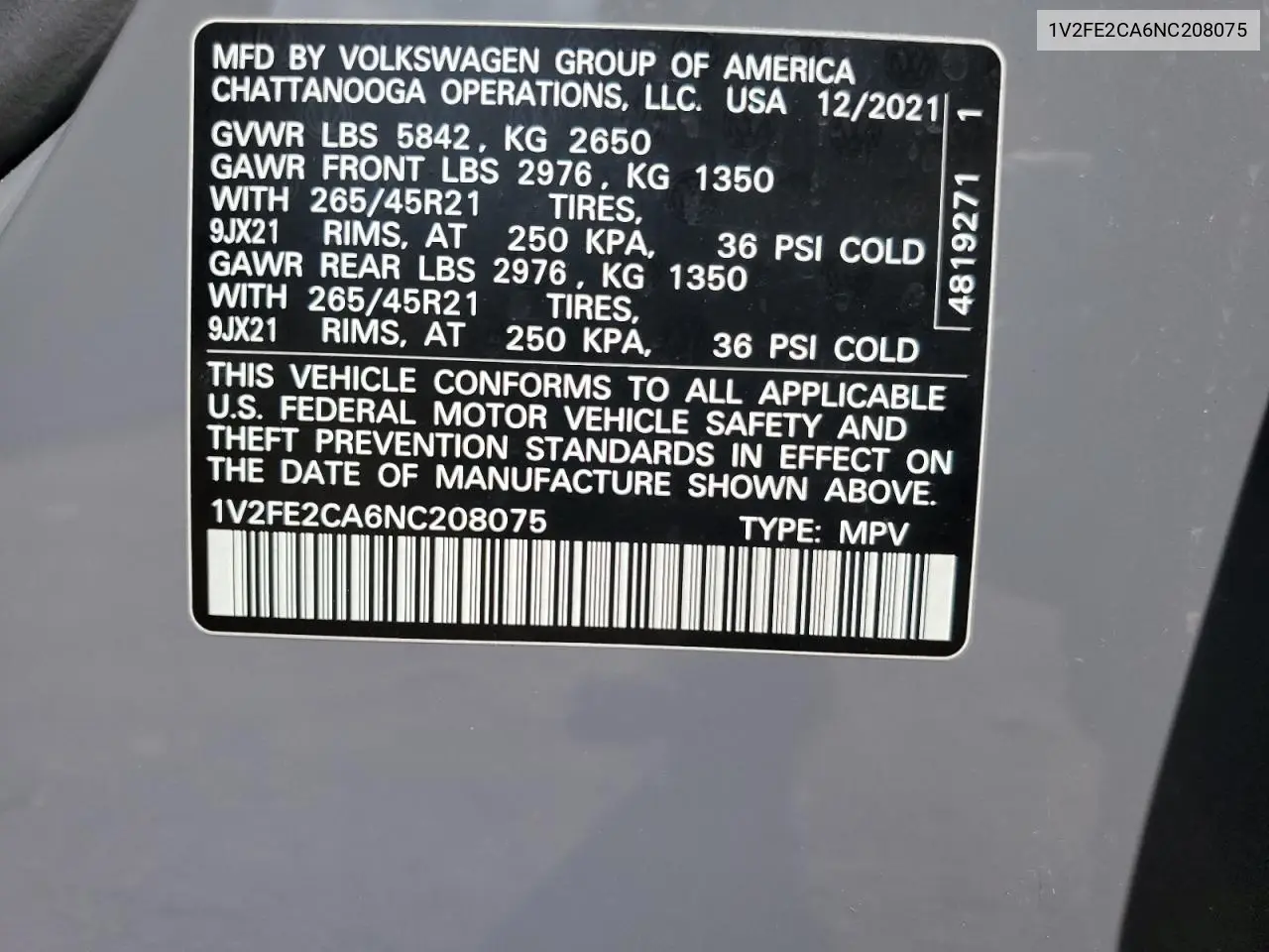 2022 Volkswagen Atlas Cross Sport Sel Premium R-Line VIN: 1V2FE2CA6NC208075 Lot: 61215525