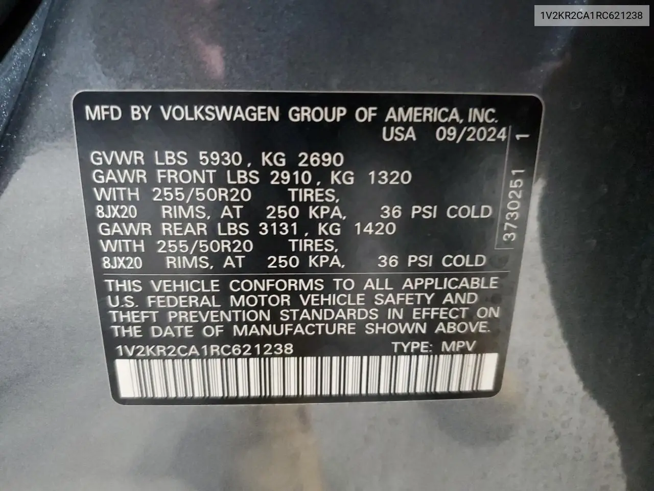 2024 Volkswagen Atlas Se VIN: 1V2KR2CA1RC621238 Lot: 62343235
