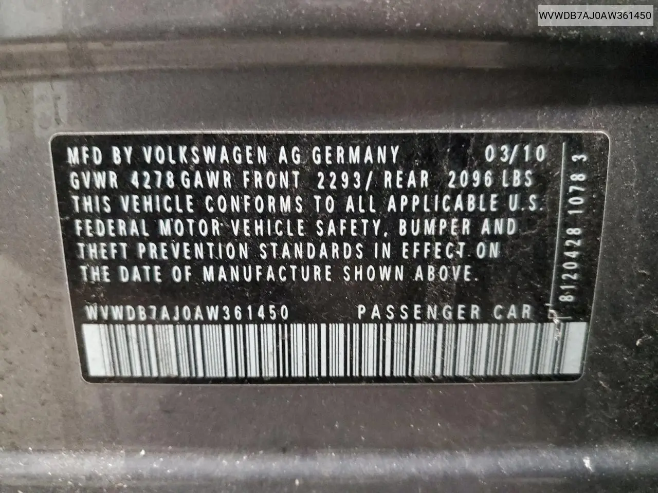 2010 Volkswagen Golf VIN: WVWDB7AJ0AW361450 Lot: 59538385