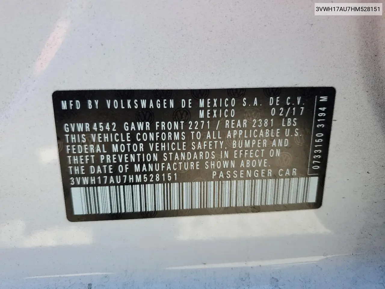 2017 Volkswagen Golf Alltrack S VIN: 3VWH17AU7HM528151 Lot: 63118175
