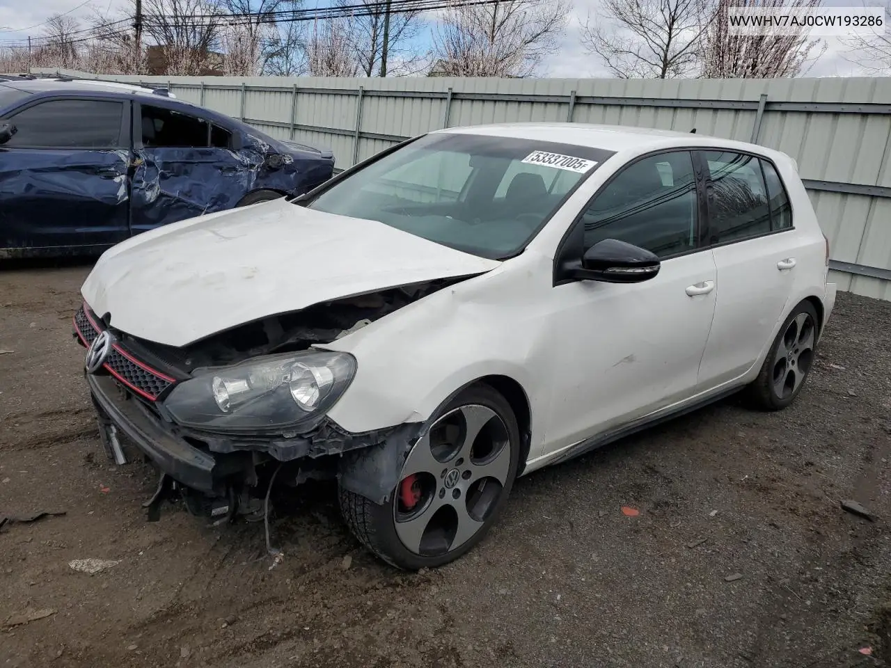 2012 Volkswagen Gti VIN: WVWHV7AJ0CW193286 Lot: 53337005