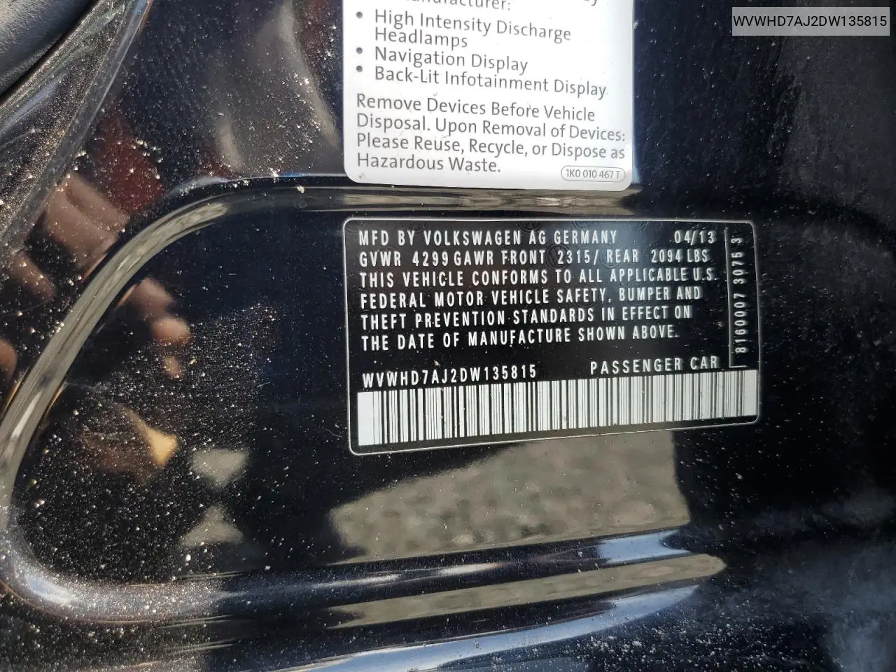 2013 Volkswagen Gti VIN: WVWHD7AJ2DW135815 Lot: 62497915