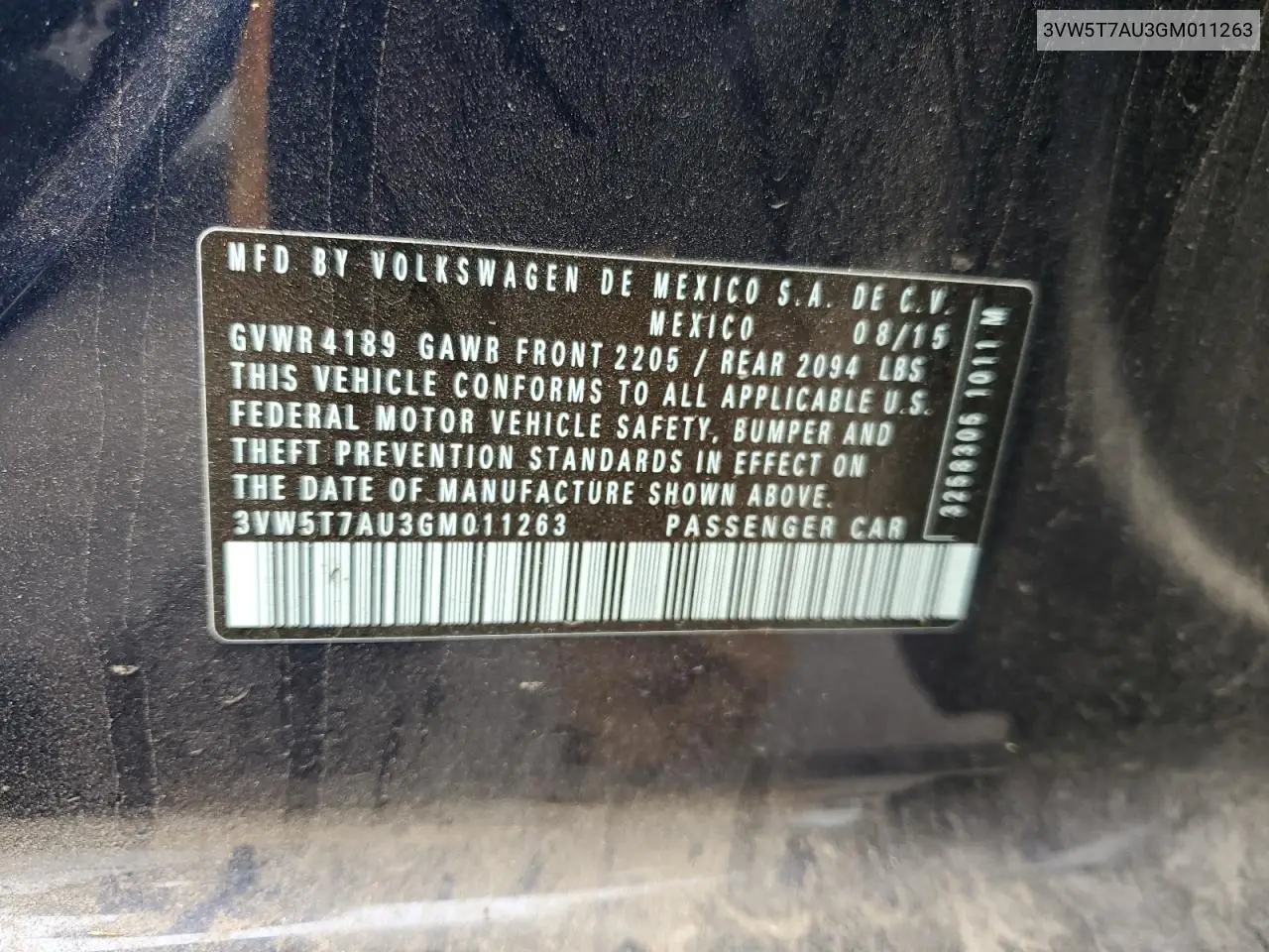 2016 Volkswagen Gti S/Se VIN: 3VW5T7AU3GM011263 Lot: 61501475