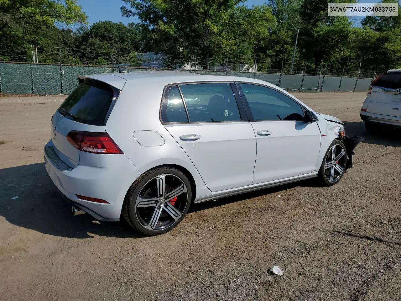 2019 Volkswagen Gti S VIN: 3VW6T7AU2KM033753 Lot: 62429045