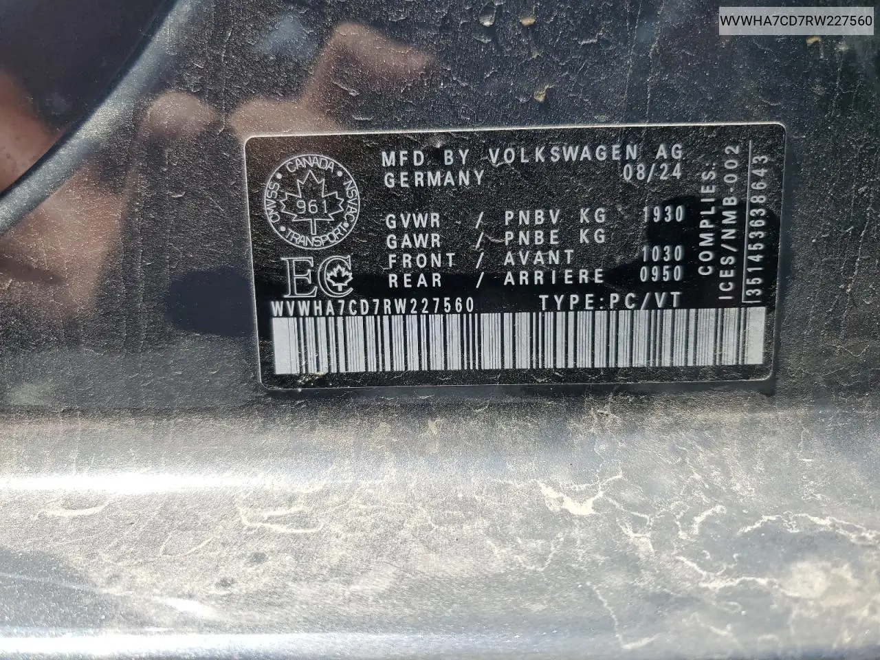 2024 Volkswagen Gti S VIN: WVWHA7CD7RW227560 Lot: 59842135