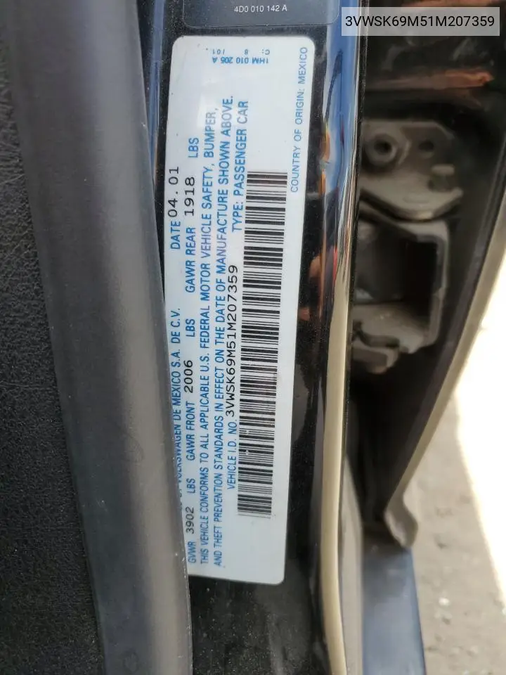 2001 Volkswagen Jetta Gls VIN: 3VWSK69M51M207359 Lot: 63414505
