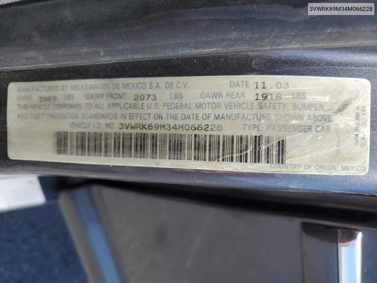 2004 Volkswagen Jetta Gl VIN: 3VWRK69M34M066228 Lot: 59626635