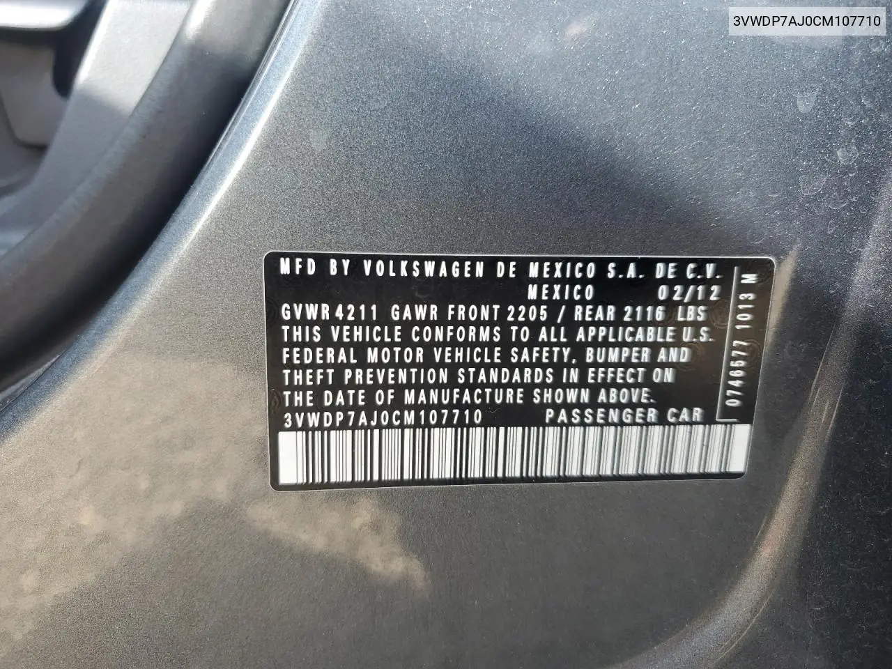 2012 Volkswagen Jetta Se VIN: 3VWDP7AJ0CM107710 Lot: 57034215