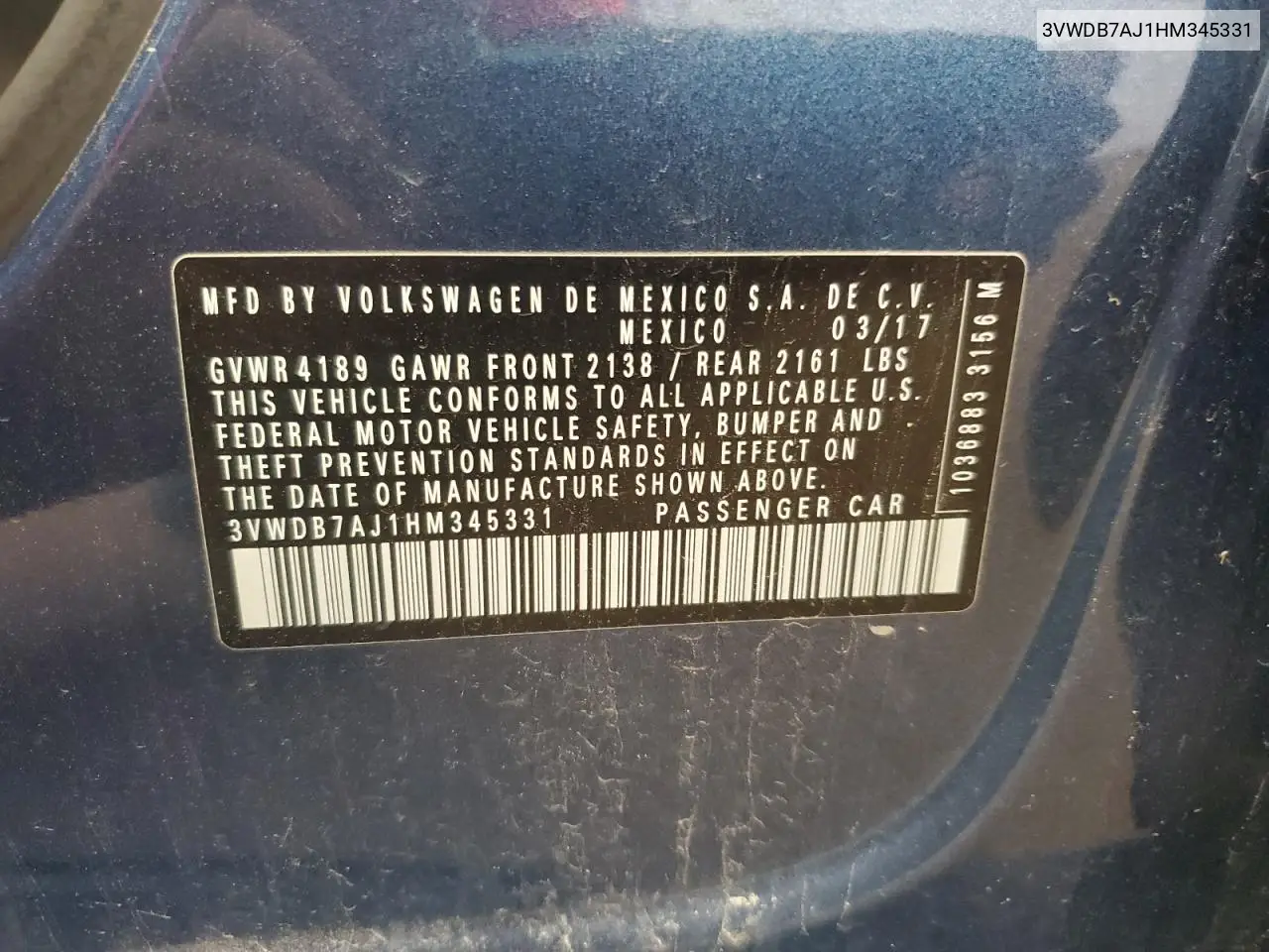 2017 Volkswagen Jetta Se VIN: 3VWDB7AJ1HM345331 Lot: 62070065