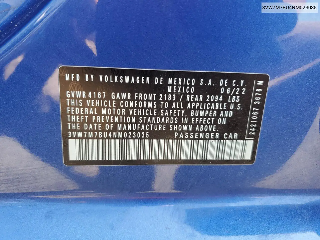 2022 Volkswagen Jetta Se VIN: 3VW7M7BU4NM023035 Lot: 62234935