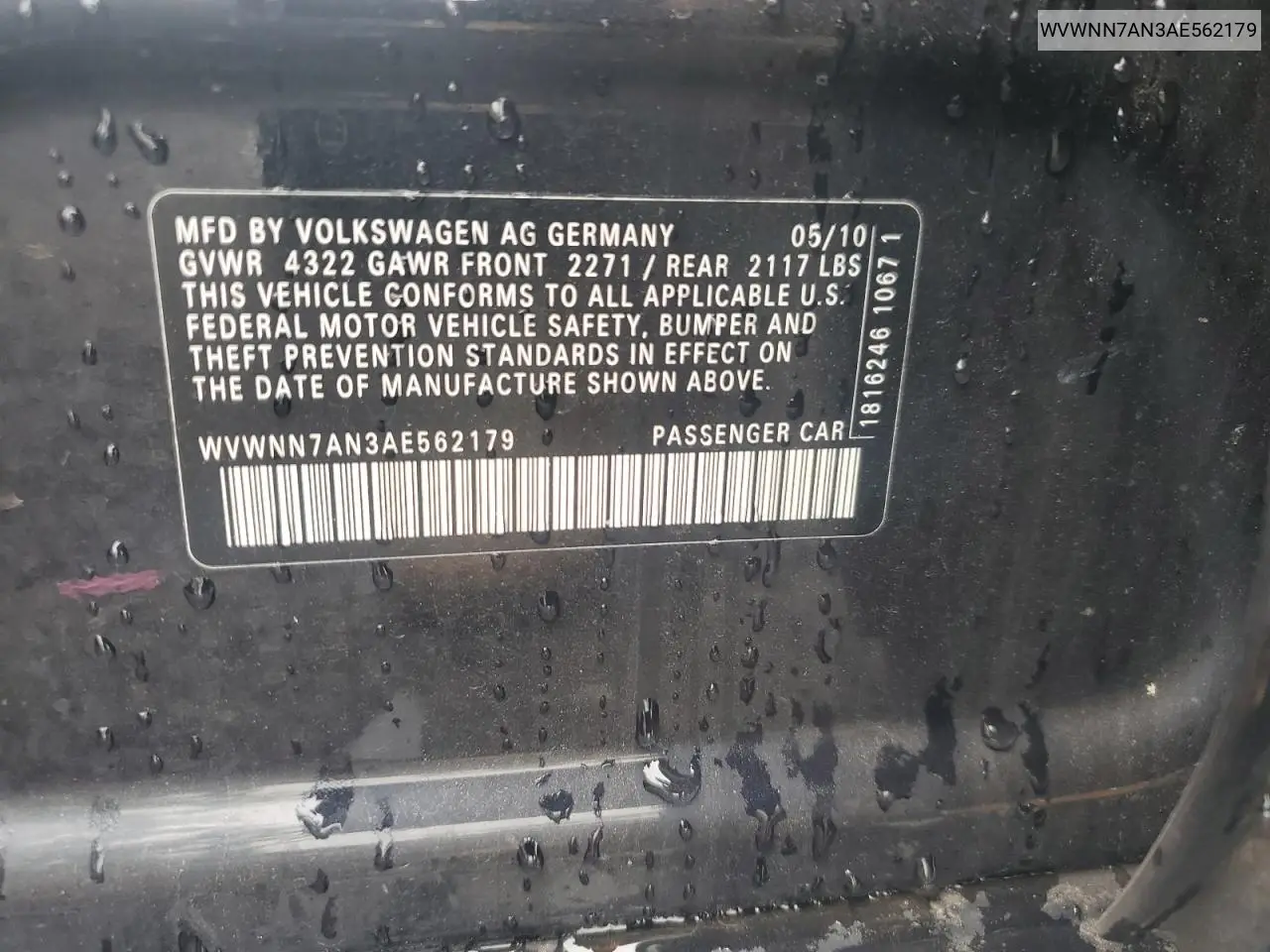 2010 Volkswagen Cc Sport VIN: WVWNN7AN3AE562179 Lot: 60841215