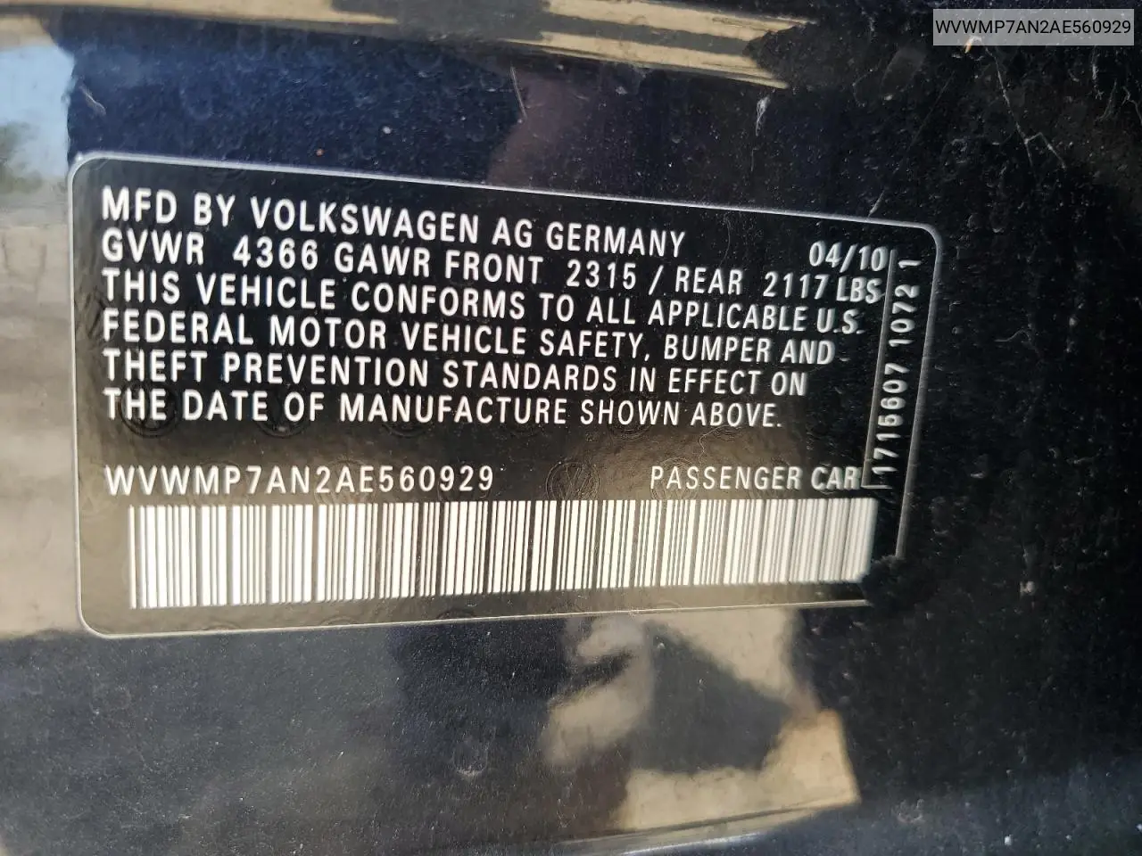 2010 Volkswagen Cc Sport VIN: WVWMP7AN2AE560929 Lot: 62086645
