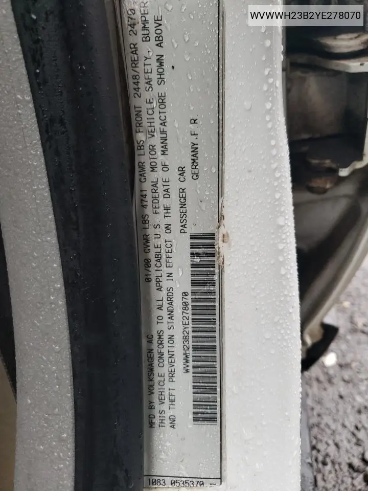 2000 Volkswagen Passat Glx 4Motion VIN: WVWWH23B2YE278070 Lot: 60226375