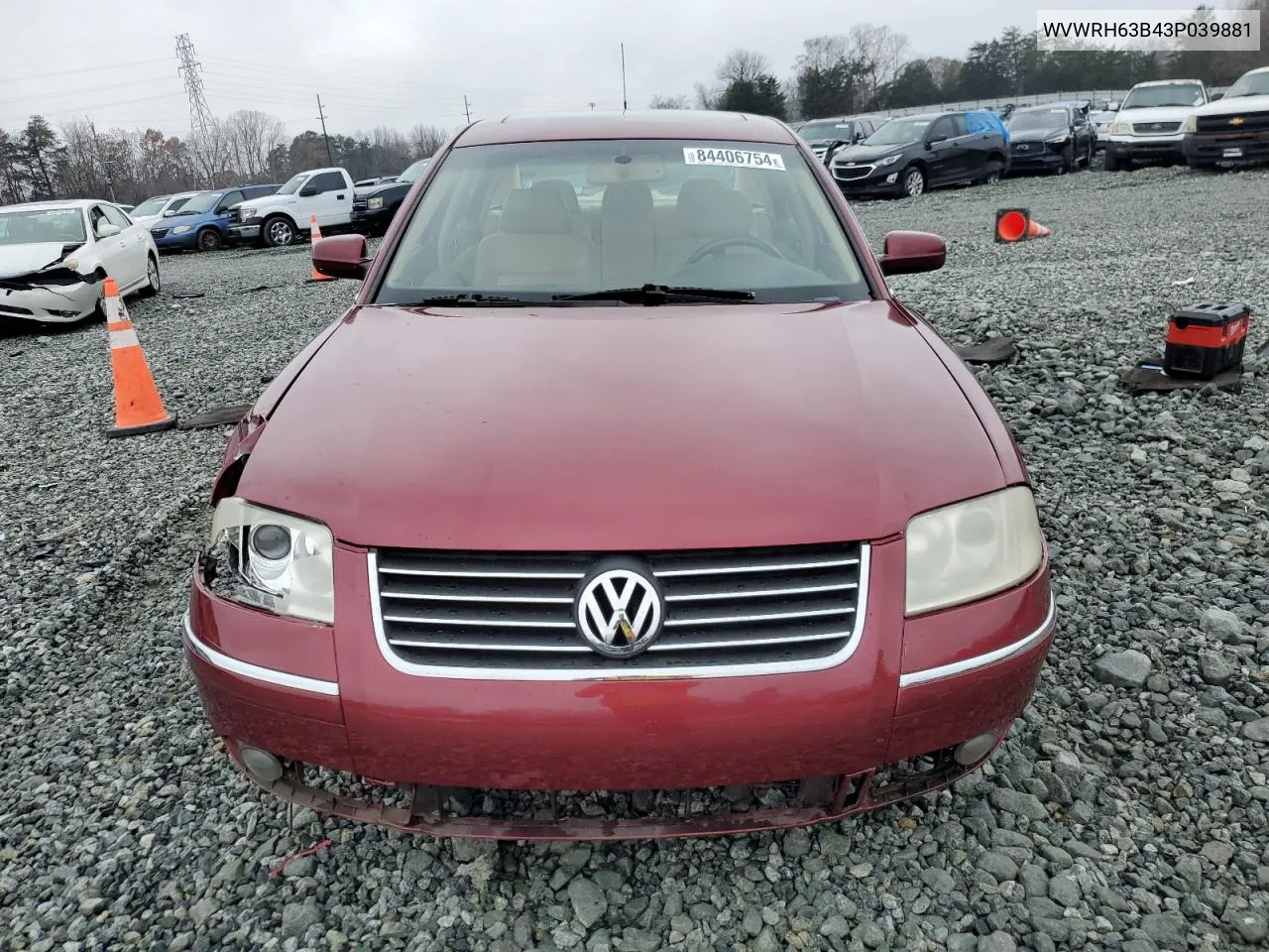 2003 Volkswagen Passat Glx VIN: WVWRH63B43P039881 Lot: 84406754