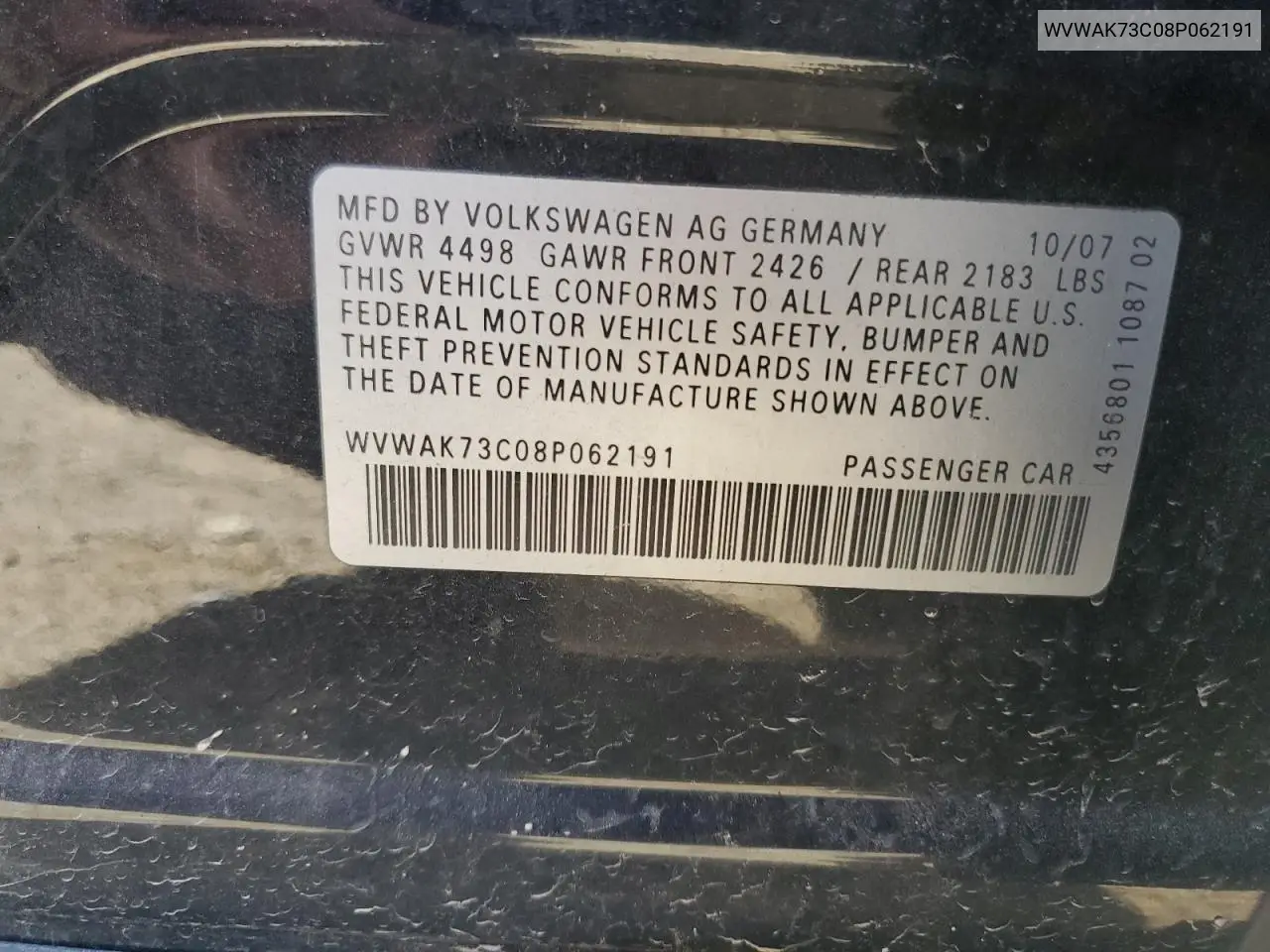 2008 Volkswagen Passat Komfort VIN: WVWAK73C08P062191 Lot: 56962485
