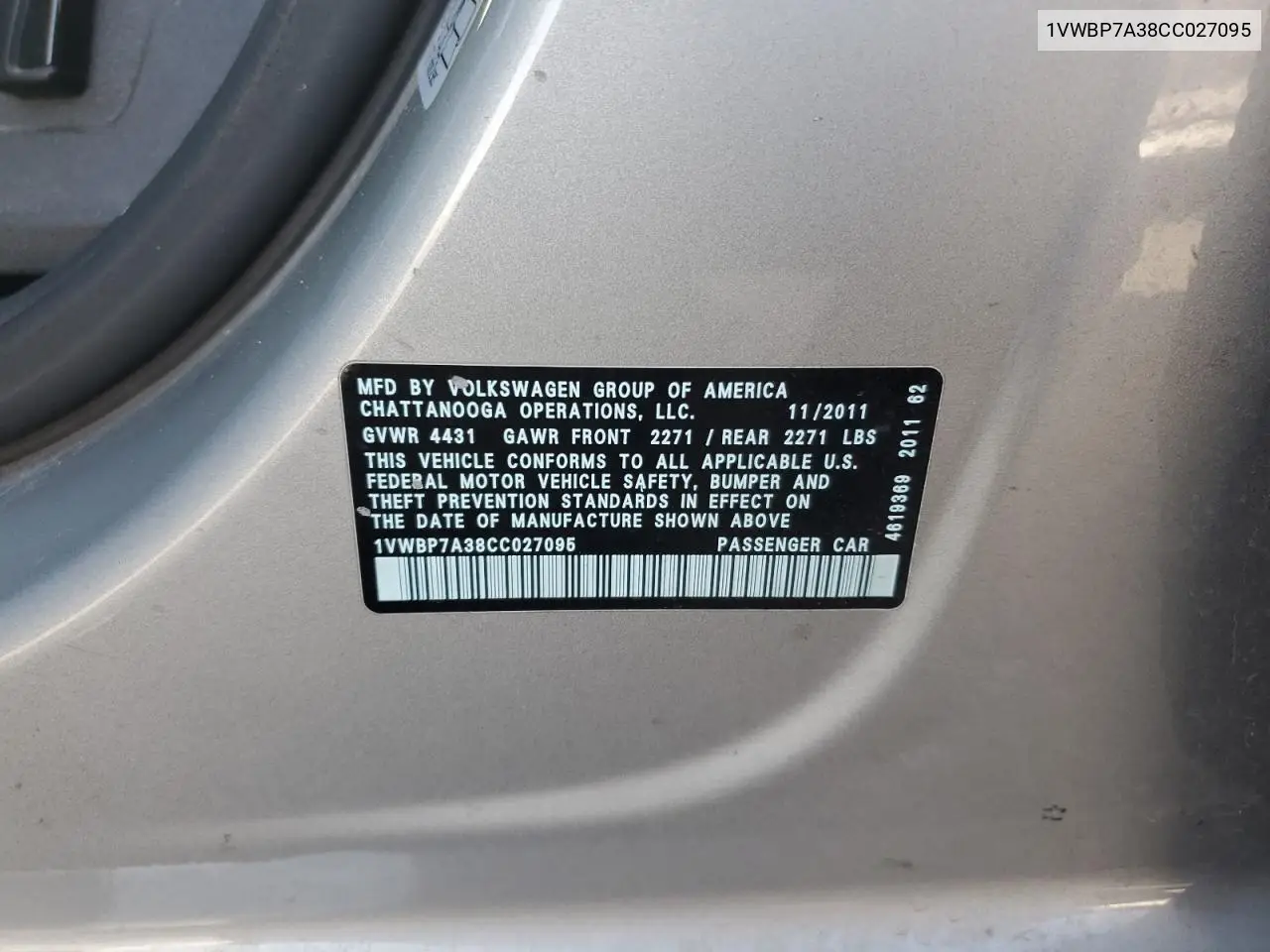 2012 Volkswagen Passat Se VIN: 1VWBP7A38CC027095 Lot: 56327785