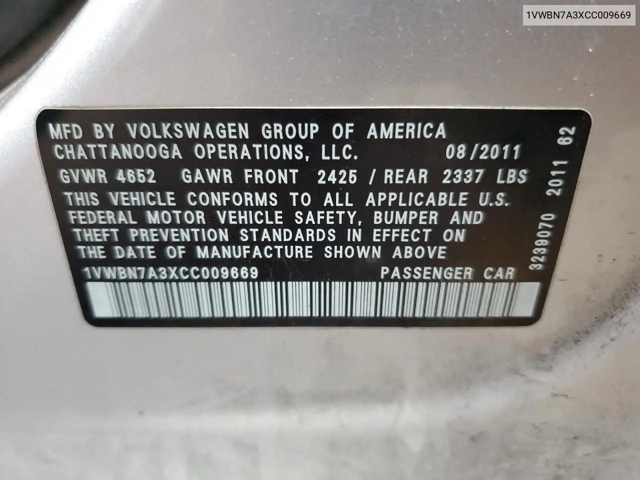 2012 Volkswagen Passat Se VIN: 1VWBN7A3XCC009669 Lot: 63464565