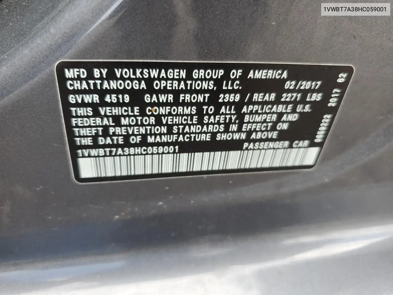 2017 Volkswagen Passat Se VIN: 1VWBT7A38HC059001 Lot: 54264535