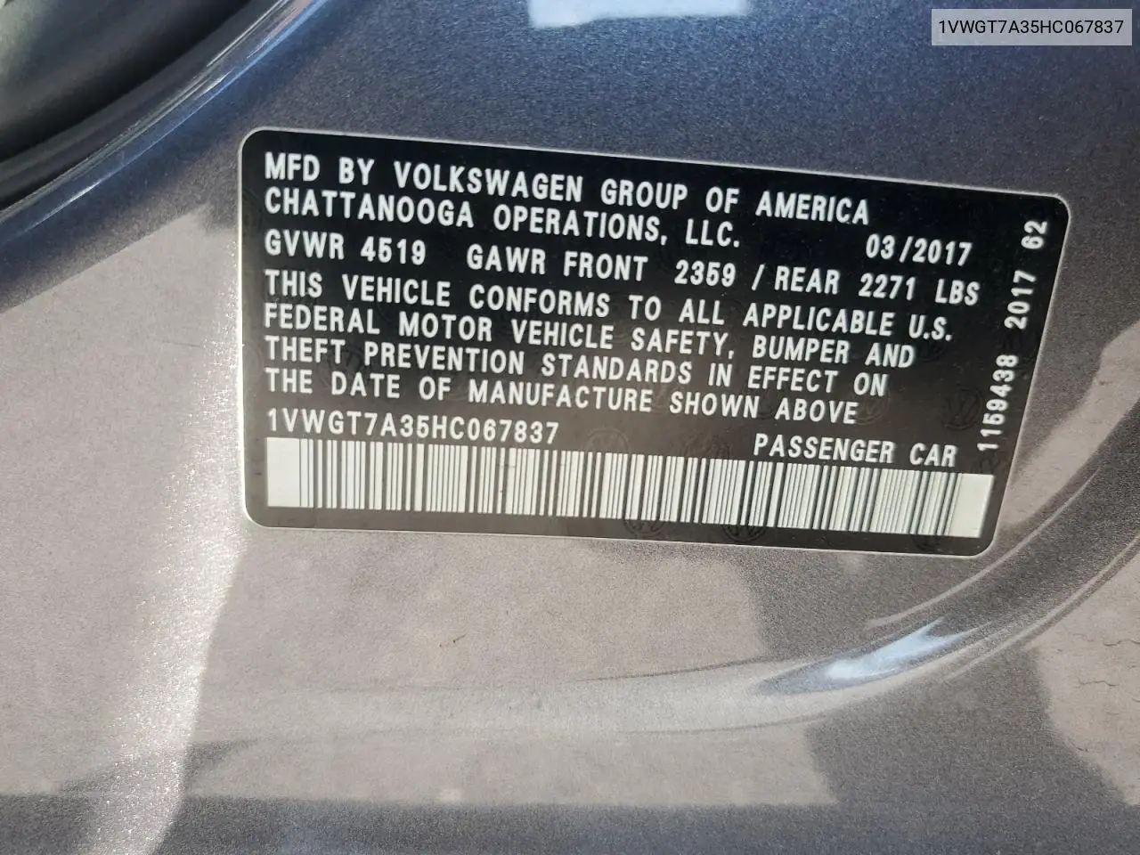 2017 Volkswagen Passat Se VIN: 1VWGT7A35HC067837 Lot: 63245485