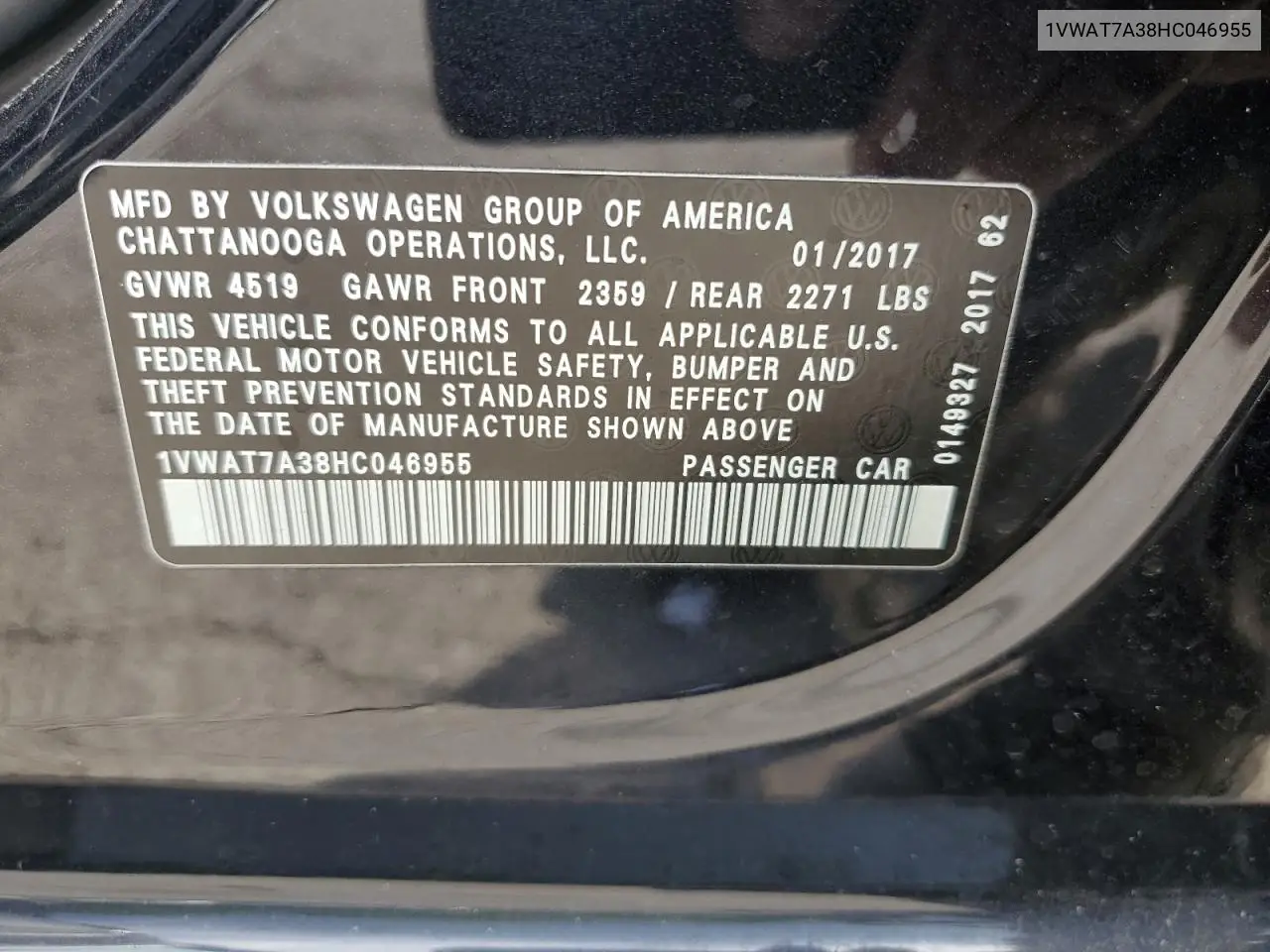 2017 Volkswagen Passat S VIN: 1VWAT7A38HC046955 Lot: 63347285