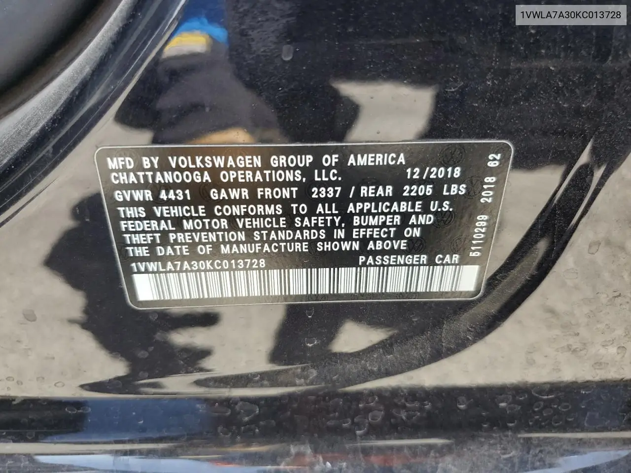 2019 Volkswagen Passat Wolfsburg VIN: 1VWLA7A30KC013728 Lot: 56942935