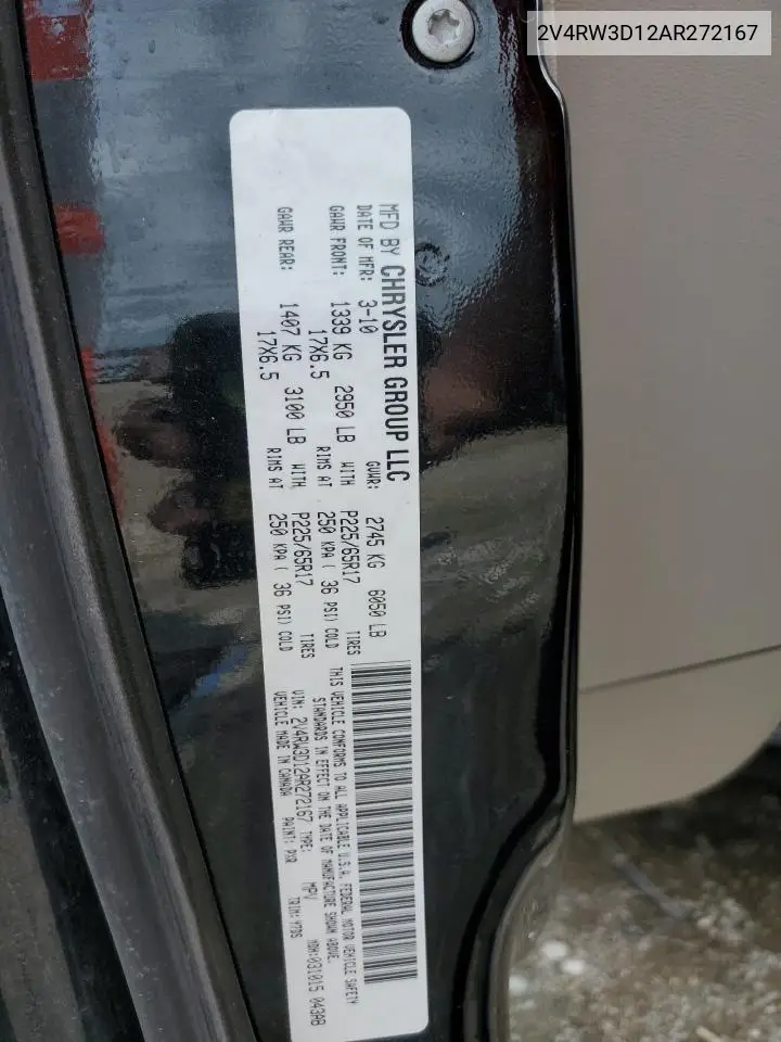 2010 Volkswagen Routan Se VIN: 2V4RW3D12AR272167 Lot: 57442985