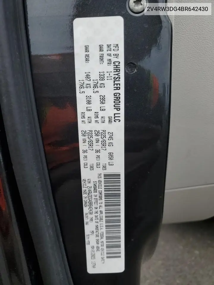 2011 Volkswagen Routan Se VIN: 2V4RW3DG4BR642430 Lot: 60000325