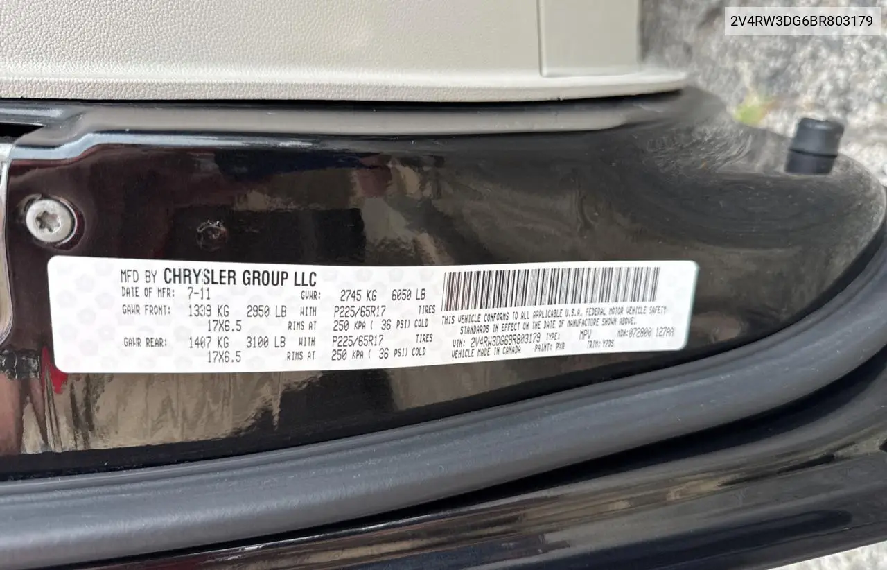 2011 Volkswagen Routan Se VIN: 2V4RW3DG6BR803179 Lot: 61144745