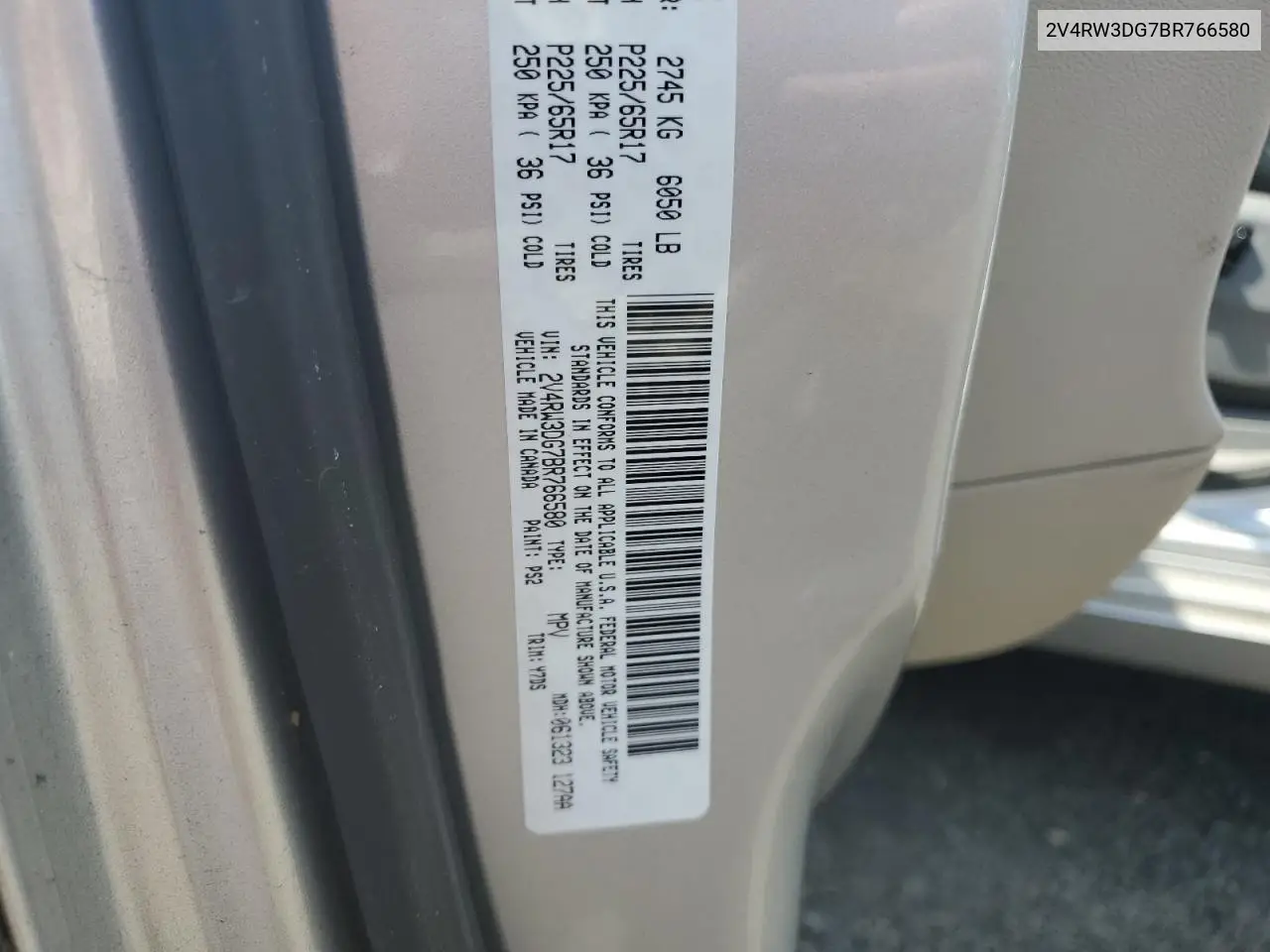 2011 Volkswagen Routan Se VIN: 2V4RW3DG7BR766580 Lot: 62161235