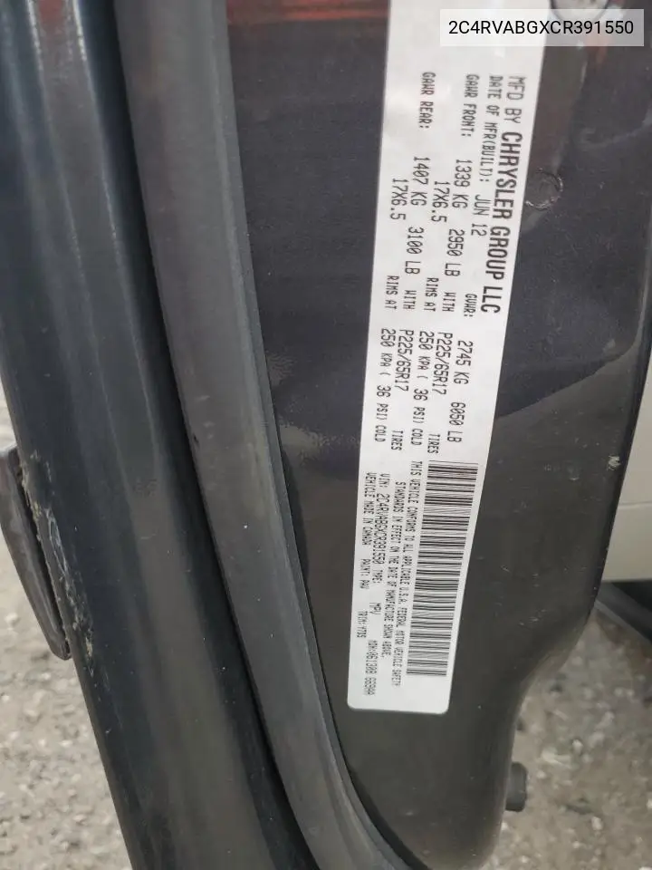 2012 Volkswagen Routan Se VIN: 2C4RVABGXCR391550 Lot: 62004685