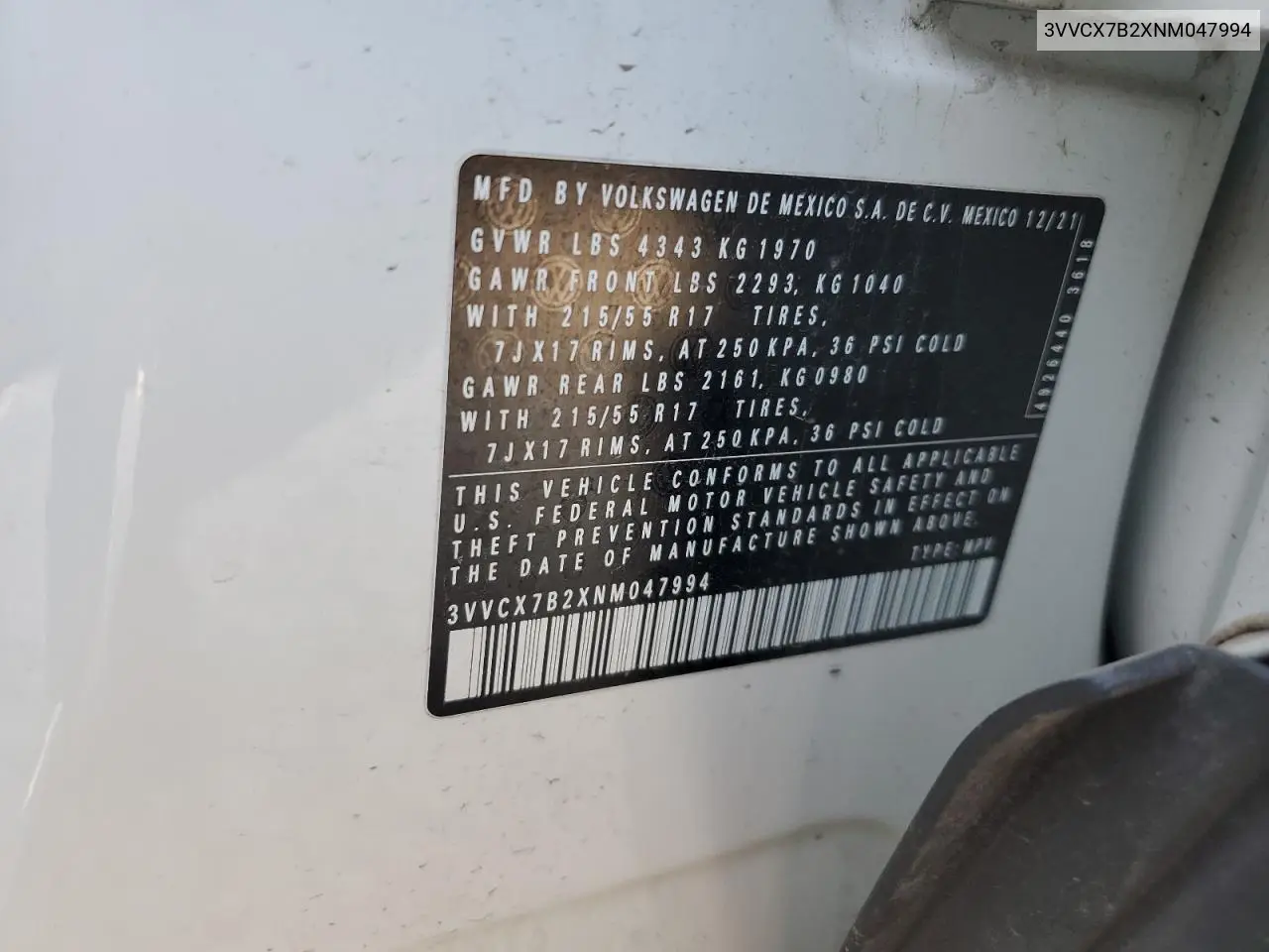 2022 Volkswagen Taos S VIN: 3VVCX7B2XNM047994 Lot: 60155865