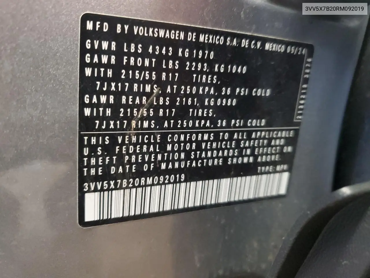 2024 Volkswagen Taos S VIN: 3VV5X7B20RM092019 Lot: 62365815