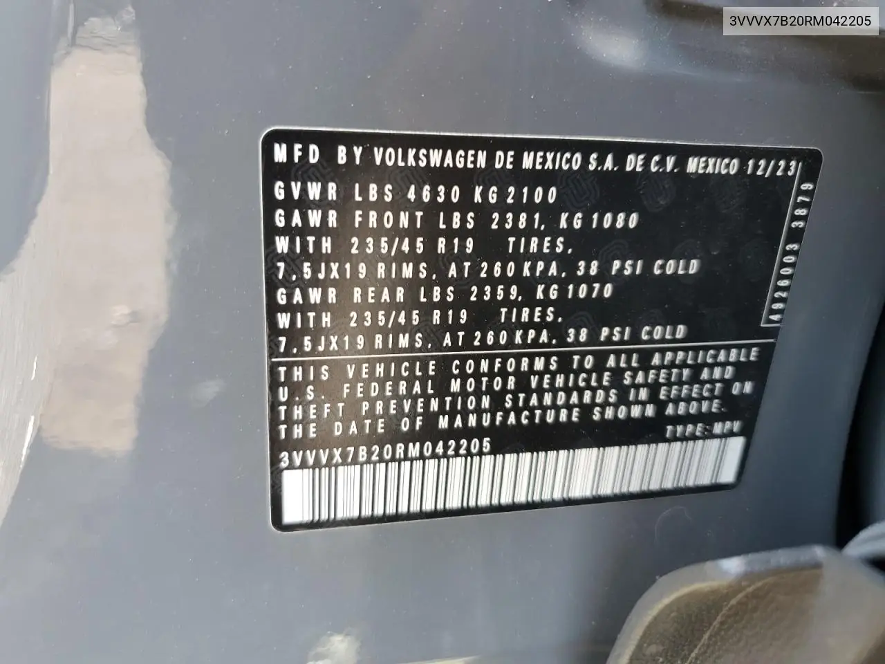 2024 Volkswagen Taos Se VIN: 3VVVX7B20RM042205 Lot: 64996855