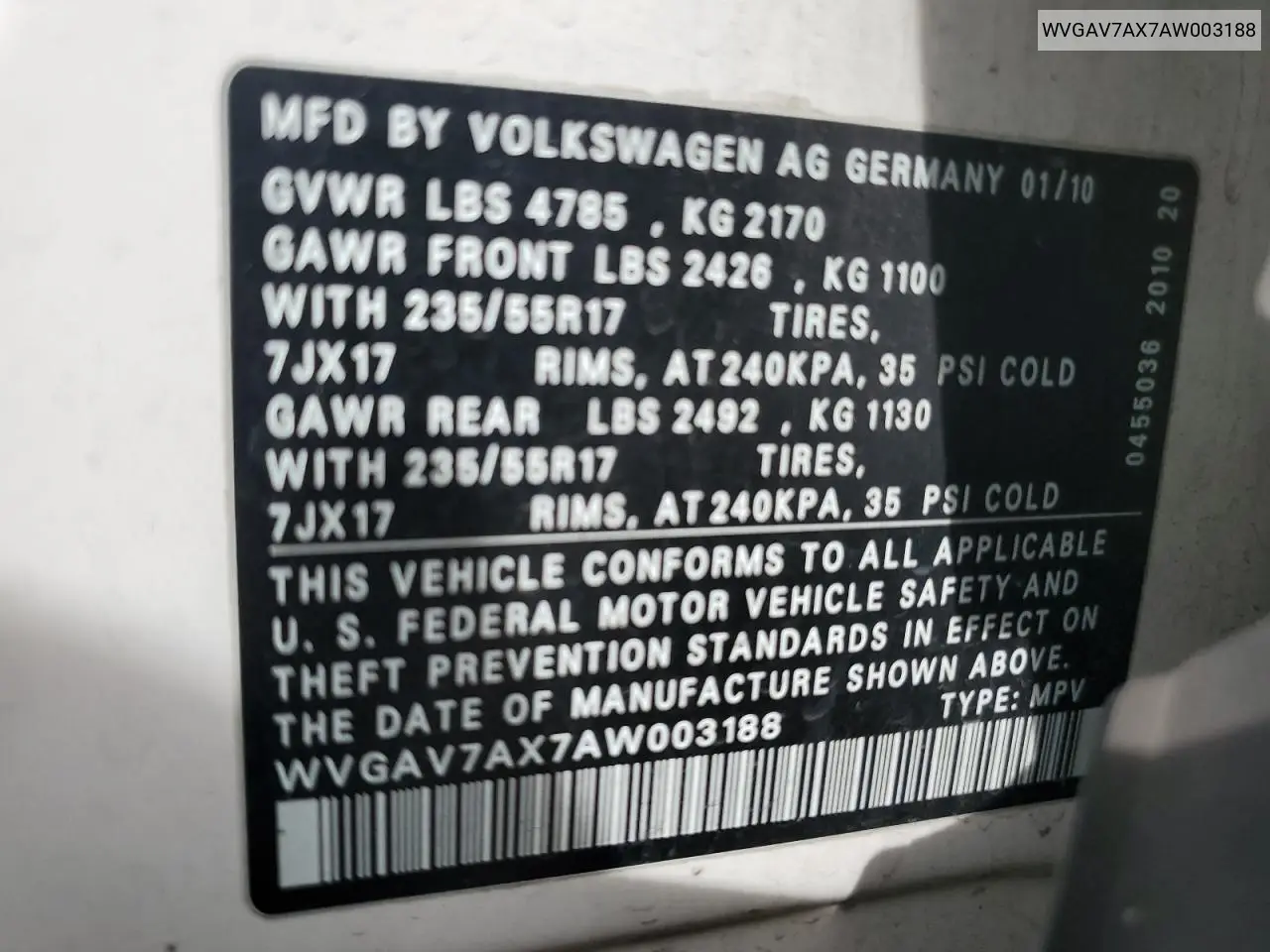 2010 Volkswagen Tiguan S VIN: WVGAV7AX7AW003188 Lot: 56692535