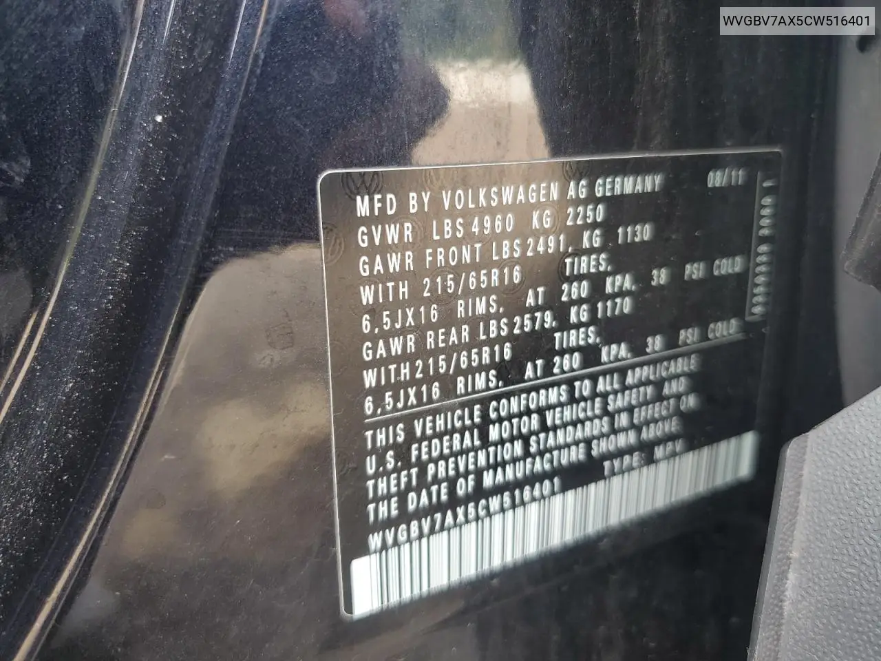 2012 Volkswagen Tiguan S VIN: WVGBV7AX5CW516401 Lot: 62790895