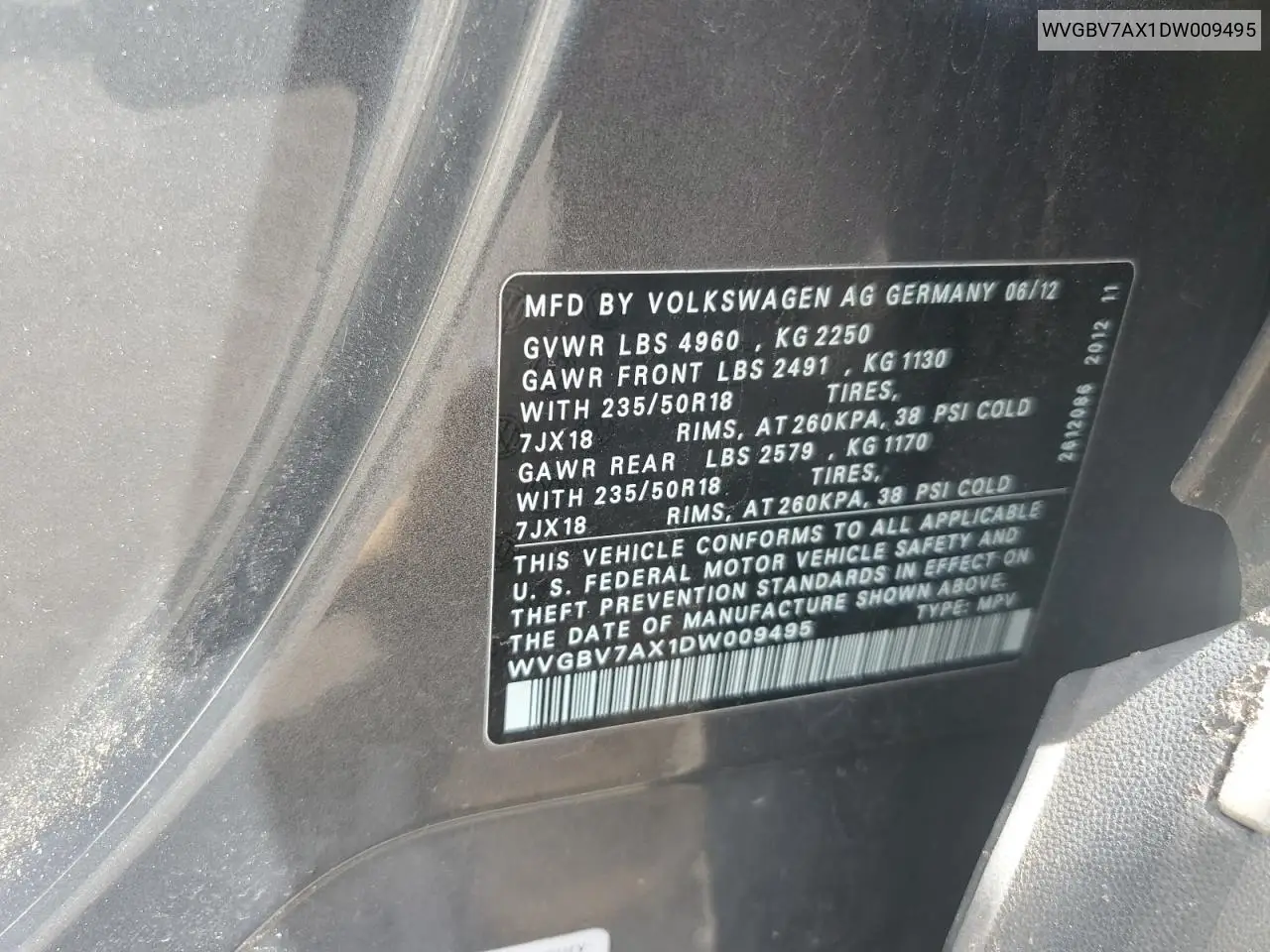 2013 Volkswagen Tiguan S VIN: WVGBV7AX1DW009495 Lot: 62289675