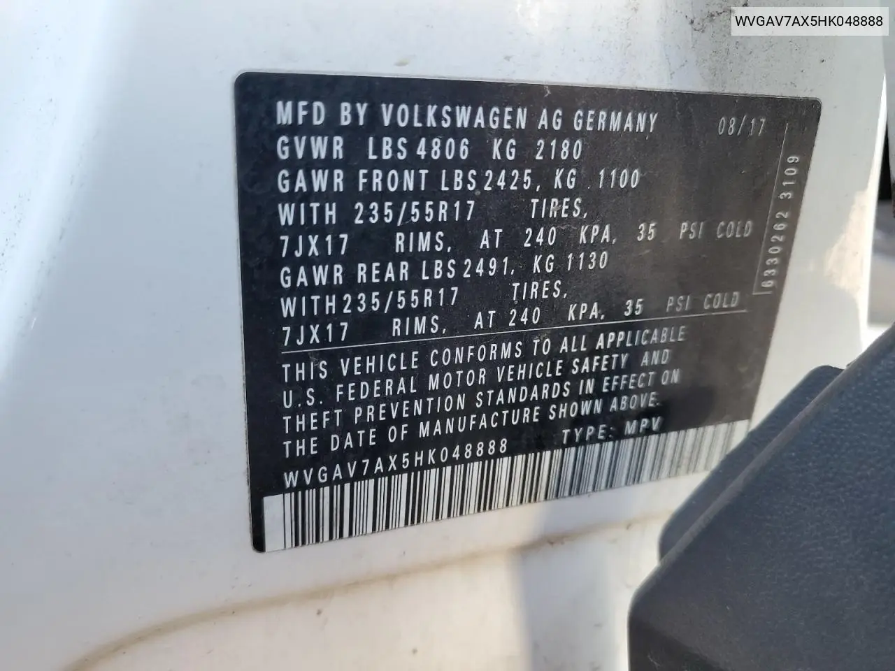 2017 Volkswagen Tiguan S VIN: WVGAV7AX5HK048888 Lot: 62600205