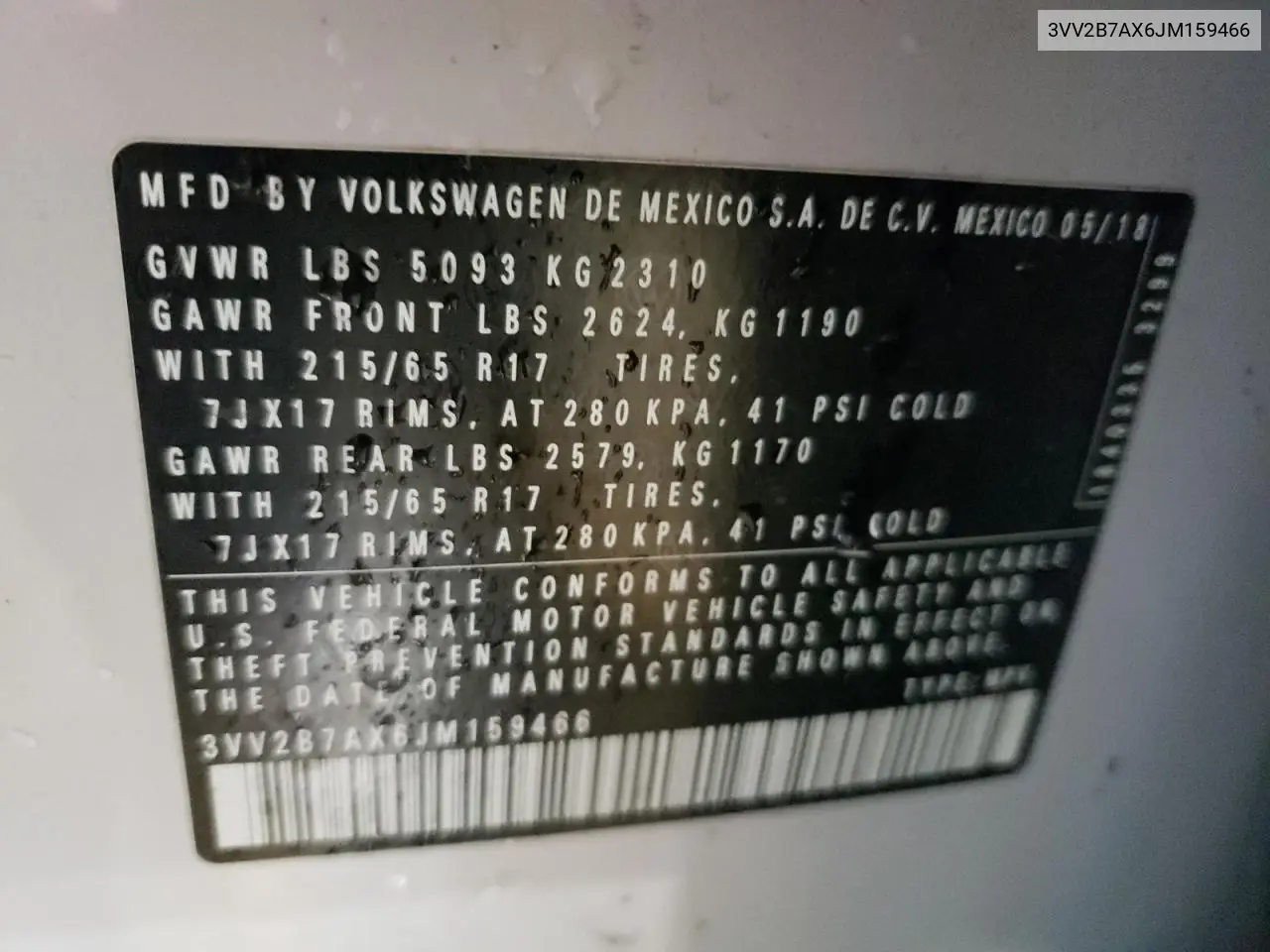 2018 Volkswagen Tiguan Se VIN: 3VV2B7AX6JM159466 Lot: 62932775