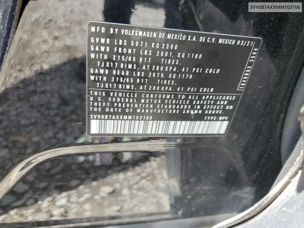 2021 Volkswagen Tiguan S VIN: 3VV0B7AXXMM103106 Lot: 56931555