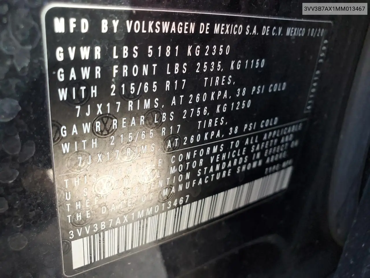 2021 Volkswagen Tiguan Se VIN: 3VV3B7AX1MM013467 Lot: 61458815