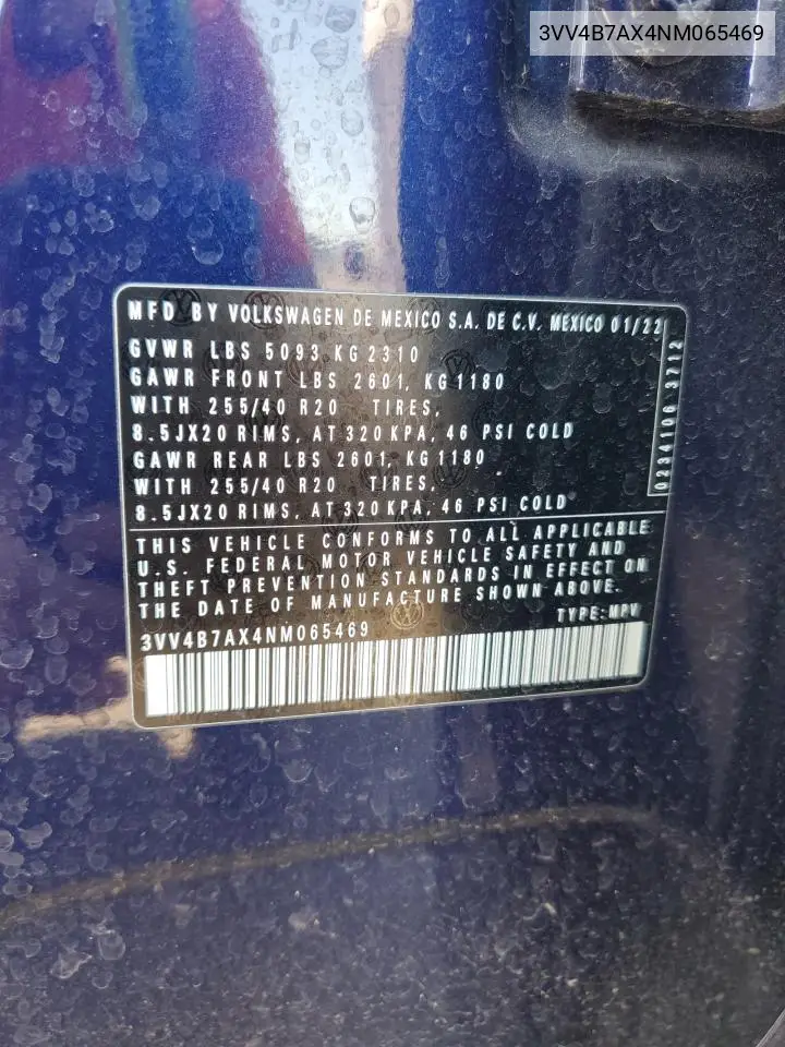 2022 Volkswagen Tiguan Sel R-Line VIN: 3VV4B7AX4NM065469 Lot: 55460705