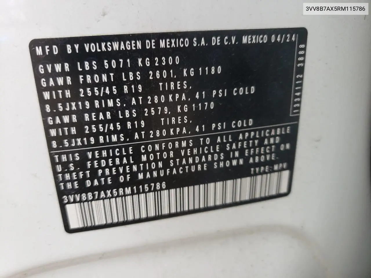 2024 Volkswagen Tiguan Se R-Line Black VIN: 3VV8B7AX5RM115786 Lot: 58658405