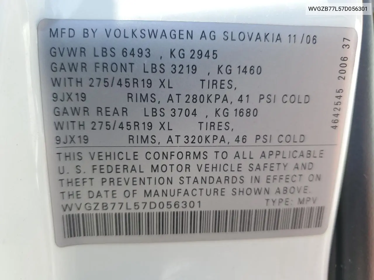 2007 Volkswagen Touareg V8 VIN: WVGZB77L57D056301 Lot: 60567515