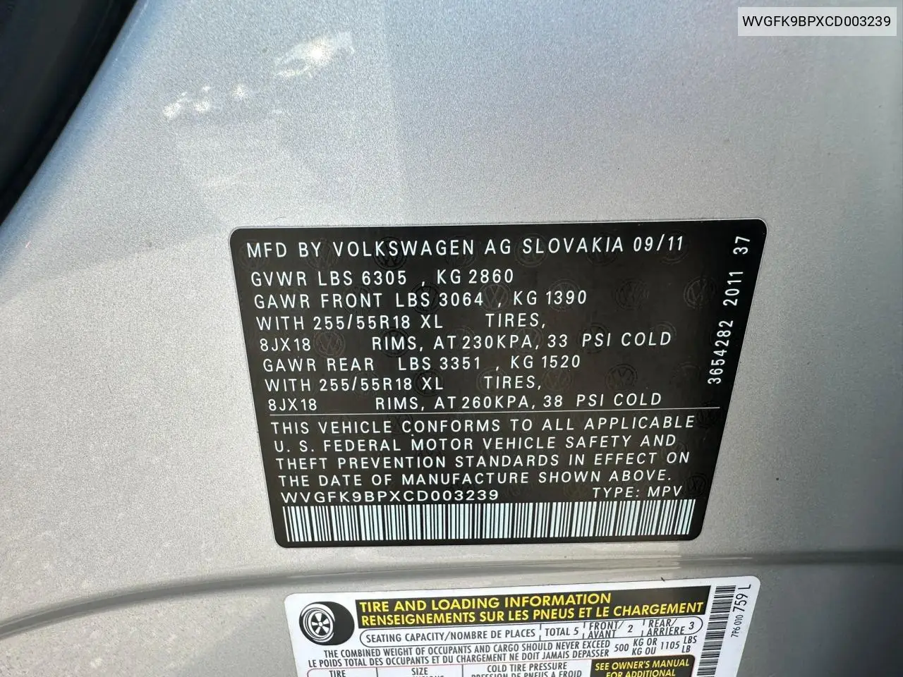 2012 Volkswagen Touareg V6 Tdi VIN: WVGFK9BPXCD003239 Lot: 56833125