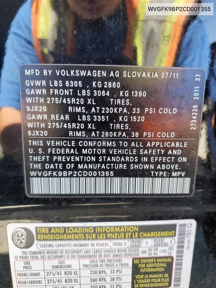 2012 Volkswagen Touareg V6 Tdi VIN: WVGFK9BP2CD001355 Lot: 61224105
