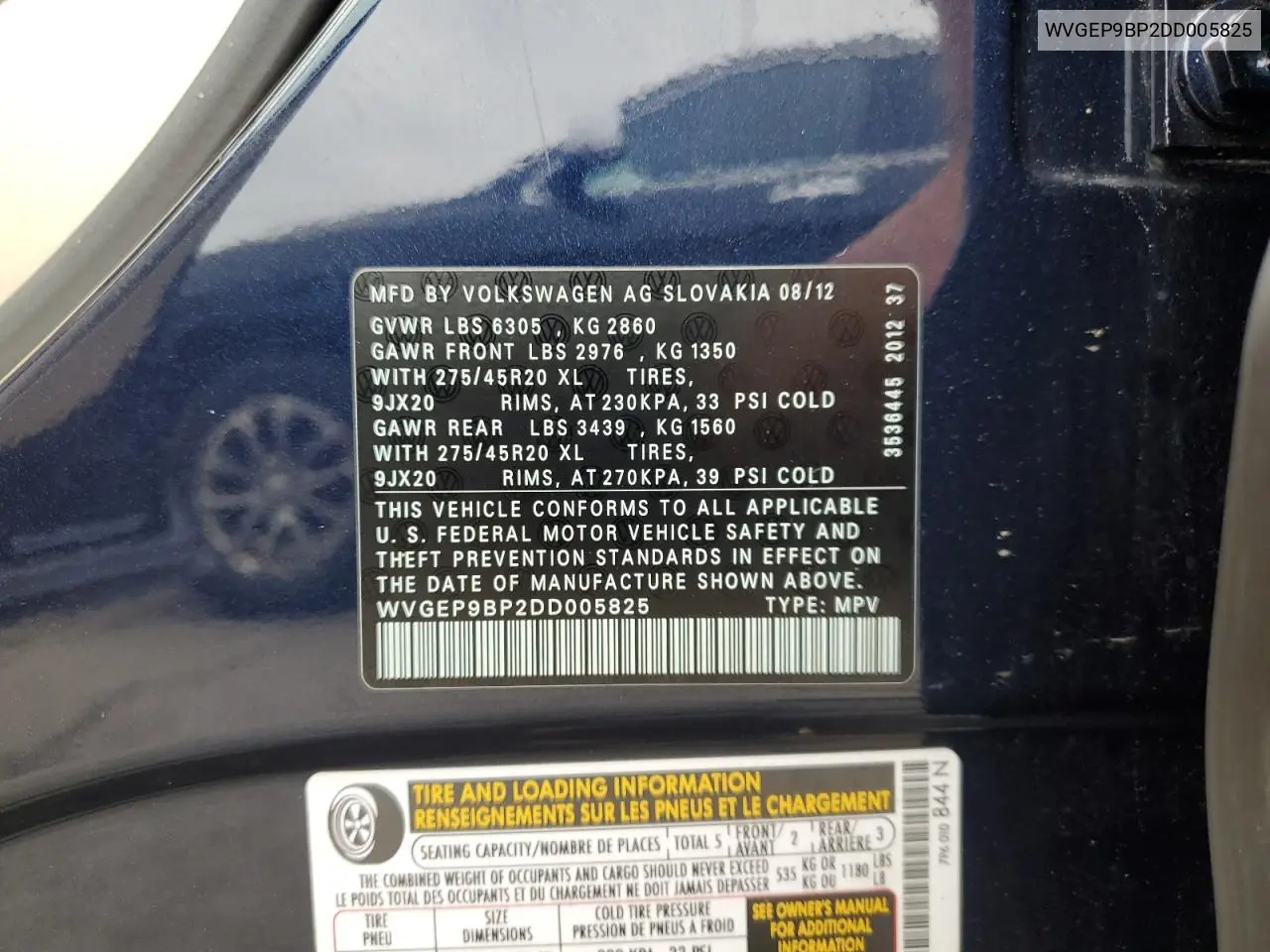 2013 Volkswagen Touareg V6 Tdi VIN: WVGEP9BP2DD005825 Lot: 62827515