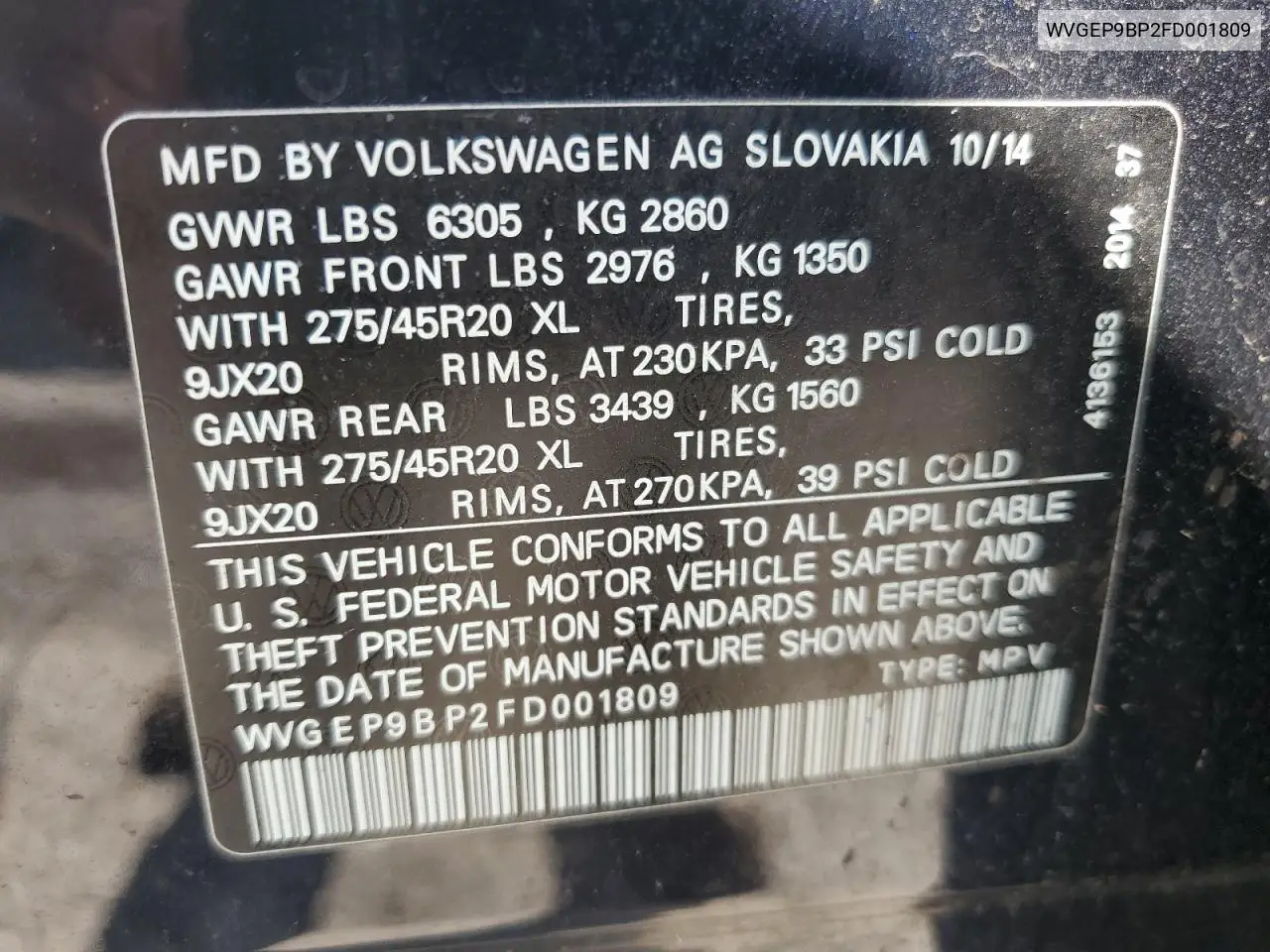 2015 Volkswagen Touareg V6 Tdi VIN: WVGEP9BP2FD001809 Lot: 56397615