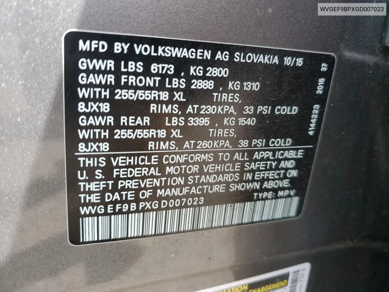 2016 Volkswagen Touareg Sport VIN: WVGEF9BPXGD007023 Lot: 50760865