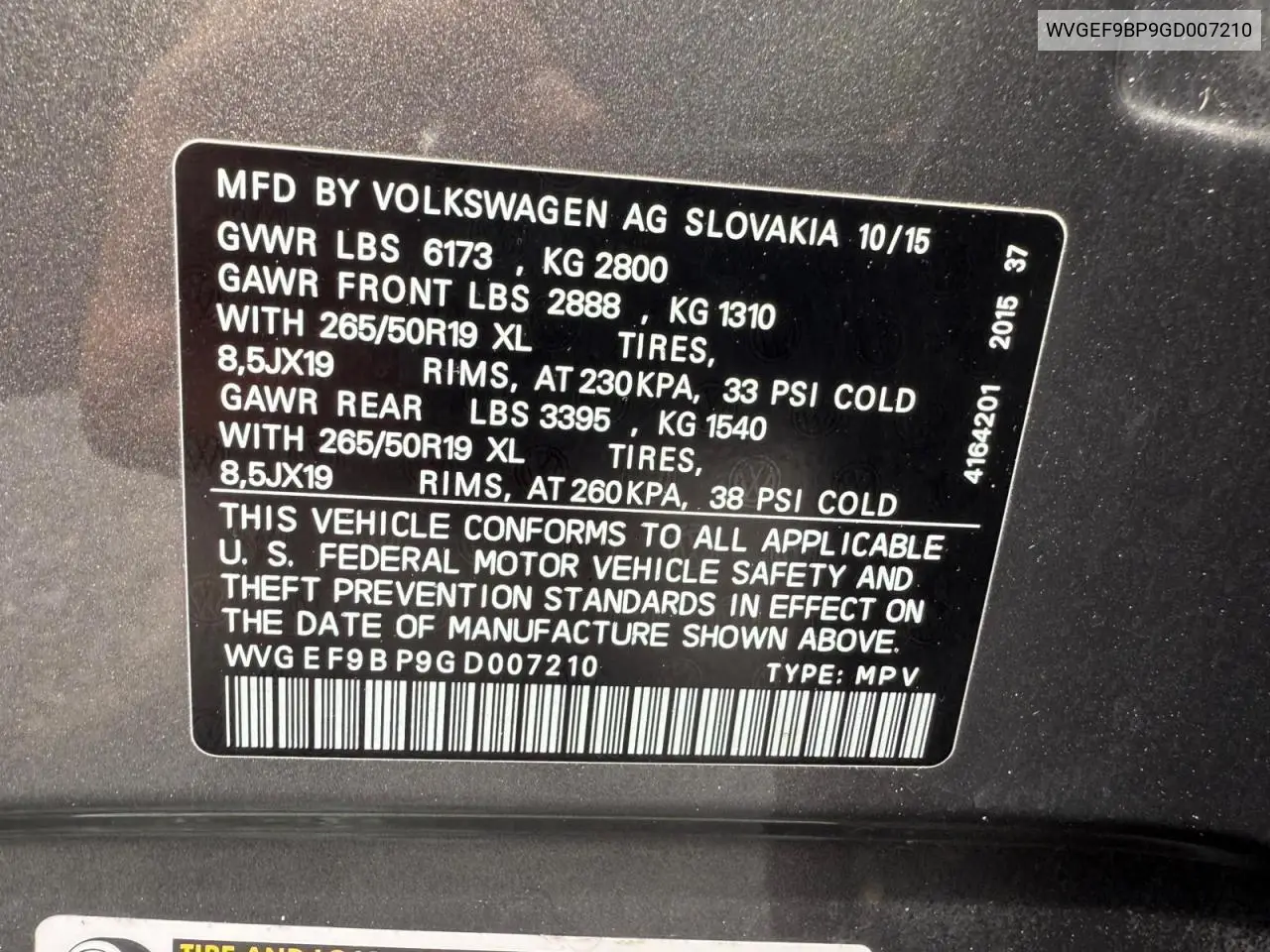 2016 Volkswagen Touareg Sport VIN: WVGEF9BP9GD007210 Lot: 61608015